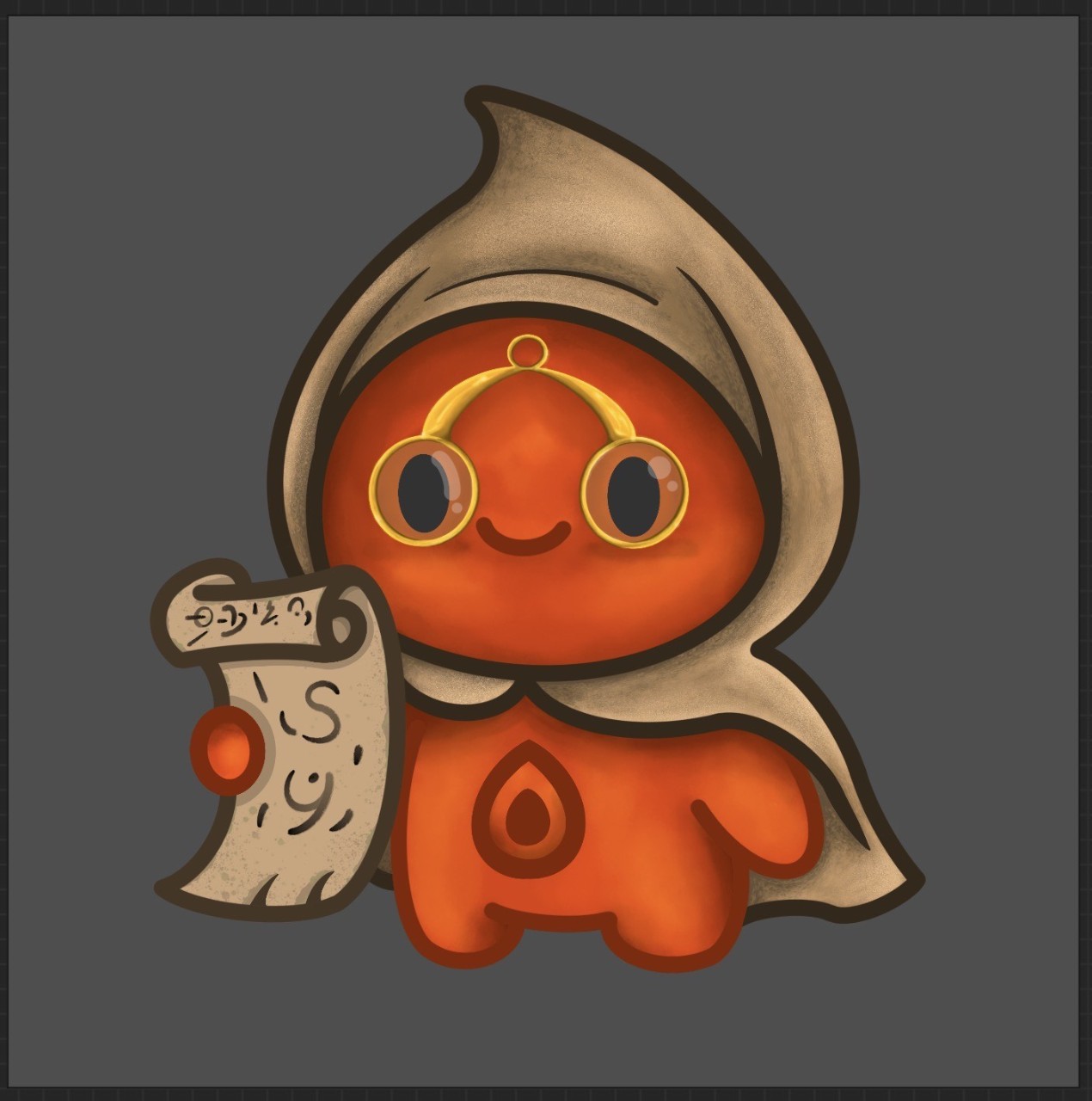 PYREling character - a small orange creature with gold glasses and a hooded cloak
